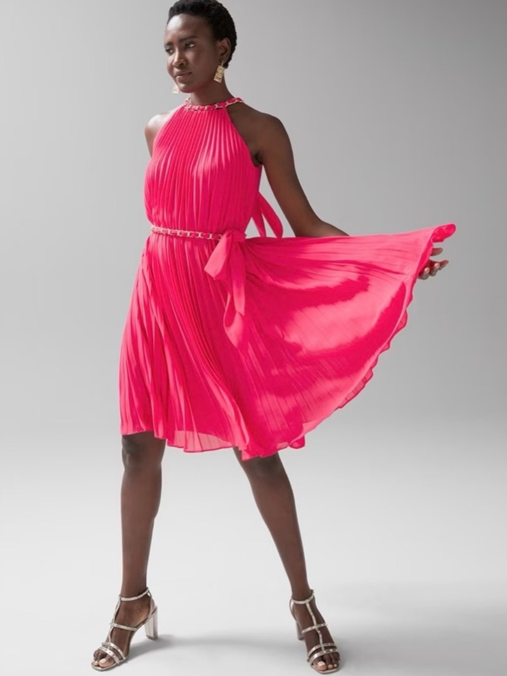 WHBM Pleated Halter Dress XS Pink Chain Detail Cocktail Party Dress